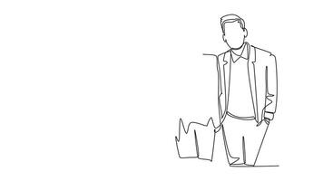 Self drawing animation of single line draw happy male team member cheering together and hugging each other to celebrate their success work. Business team concept. Continuous line. Full length animated video