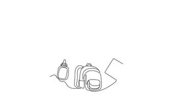 Animated self drawing of continuous line draw of school bag, ruler, shoes, pencil set on circle form. Back to school college concept. Education and knowledge for all. Full length single line animation video