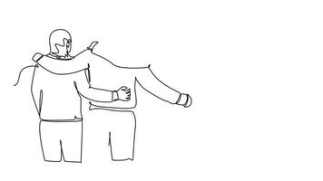 animado auto desenhando do contínuo linha desenhar costas Visão do grupo homens e mulher a partir de multi étnico em pé e abraçando juntos mostrar seus unidade União. amizade. cheio comprimento solteiro linha animação video