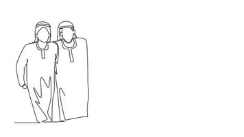 Animated self drawing of continuous line draw group of Arabian men are hugging. Male together. Happy Qatar friendship day with diverse friend of people hugging together. Full length one line animation video