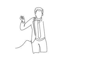 auto desenhando animação do solteiro linha desenhar jovem feliz masculino e fêmea Gerente em pé juntos e abraçando cada de outros para mostrar seus unidade União. amizade. contínuo linha. cheio comprimento animado video