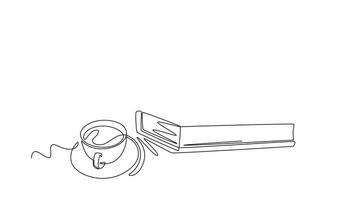 Self drawing animation of single line draw of opened page book with cup of hot black espresso coffee at college library. Book is a window to world concept. Continuous line draw. Full length animated video