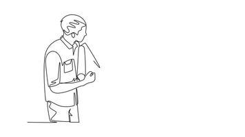 Self drawing animation of single line draw of young happy male and female employees standing together and posing to hug each other at office. Business friendship. Continuous line. Full length animated video