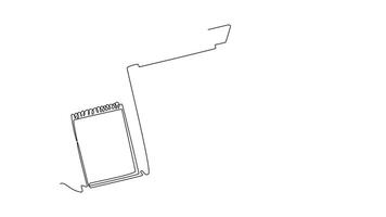 Self drawing animation of single line draw top view of computer laptop, smartphone, tablet and book cup of coffee at business office desk. Work space table. Continuous line draw. Full length animated video
