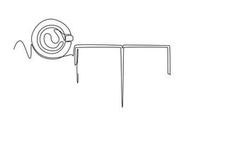 Animated self drawing of continuous line draw top view of hand writing gesture on book beside smartphone screen and cup of coffee or tea on working desk. Worker gadget. Full length one line animation video