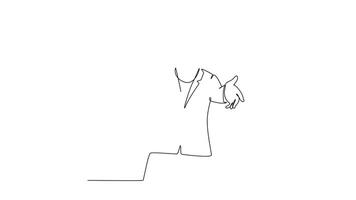Animated self drawing of continuous line draw of young happy female business worker give supporting hug gesture to her office friend. Friend support embrace concept. Full length single line animation video