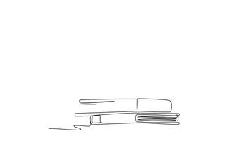 Self drawing animation of single line draw of ink and quill pen on stack of books and office desk. Vintage writing equipment for writer or student concept. Continuous line draw. Full length animated video