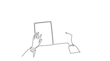 Animated self drawing of continuous line draw of hand writing gesture on a piece of paper beside glasses, smartphone and a cup of coffee. Writing business draft concept. Full length one line animation video