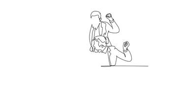 Self drawing animation of single line draw group of marketing team celebrating and hugging each other for their successful goal achievement. Working celebration. Continuous line. Full length animated video