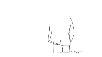 Animated self drawing of continuous line draw back view of young happy businessmen hugging each other to show support when meeting at the office. Business friendship. Full length single line animation video