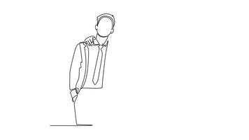 Self drawing animation of single line draw of two young happy businessmen at office standing together and posing to hug each other. Business partner concept. Continuous line draw. Full length animated video