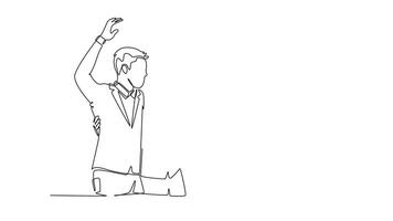 Self drawing animation of single line draw young happy male and female manager standing together and hugging each other to show their unity bonding. Friendship. Continuous line. Full length animated video