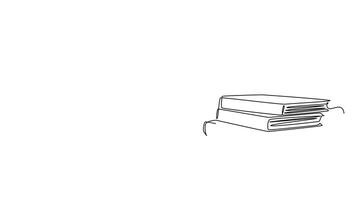 Self drawing animation of single line draw of computer laptop, paper cup of coffee and open book on office table desk. College student study learning desk. Continuous line draw. Full length animated video