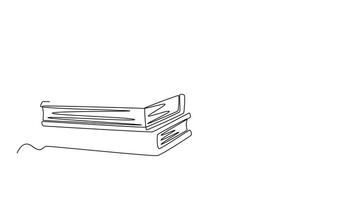 Self drawing animation of single line draw pencil case containing writing utensils or stationery next to pile of textbook. Back to school or college concept. Continuous line draw. Full length animated video