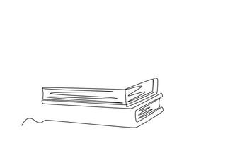 Self drawing animation of single line draw of ink and quill pen beside stack of books, on office desk. Old antique writing equipment for writer or student. Continuous line draw. Full length animated video