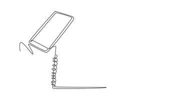 Animated self drawing of continuous line draw of hand gesture writing on an open book beside a cup of hot coffee and smartphone. Writing draft business project concept. Full length one line animation video
