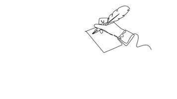 Animated self drawing of continuous line draw hand writing gesture with ink and quill pen on open book with cup of hot coffee. Retro handwriting for writer or student. Full length one line animation video