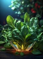 Fresh spinach leaves in glass bowl on dark wooden background. Selective focus. photo