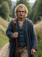Portrait of a handsome man with blond curly hair in a blue jacket and glasses photo
