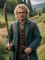 Portrait of a handsome man in a Scottish costume with a scythe photo