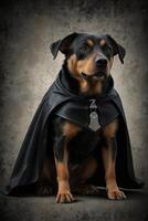 Rottweiler dog wearing a black cloak on a gray background photo