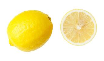 Top view set of single fresh ripe yellow lemon fruit with half or slice isolated on white background with clipping path photo