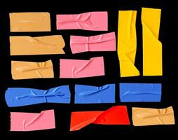 Top view set of multicolor adhesive vinyl tape or cloth tape in stripes isolated on black background with clipping path photo