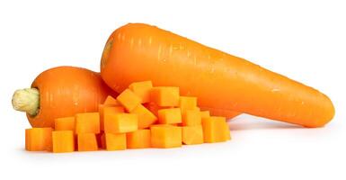 Side view of fresh orange carrot with slices in cube shape in stack isolated on white background with clipping path photo