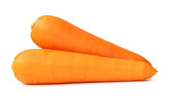 Side view of two roots of fresh orange carrot in stack isolated on white background with clipping path photo
