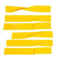 Top view set of wrinkled or crumpled yellow adhesive vinyl tape or cloth tape in stripes shape isolated on white background with clipping path photo