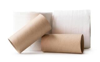 Two rolls of white tissue paper or toilet paper with cores in stack isolated on white background with clipping path photo