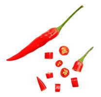 Top view set of red chili pepper or cayenne pepper with slices isolated on white background with clipping path photo