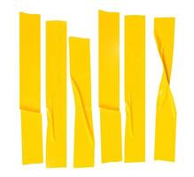 Top view set of wrinkled or crumpled yellow adhesive vinyl tape or cloth tape in stripes shape isolated on white background with clipping path photo