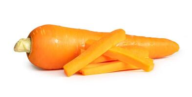 Side view of fresh orange carrot with slices in stick shape in stack isolated on white background with clipping path photo