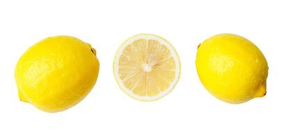 Top view set of two fresh ripe yellow lemon fruits with half or slice isolated on white background photo