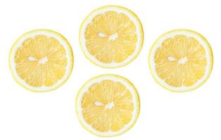 Top view set of fresh yellow lemon fruits in halves isolated on white background with clipping path photo