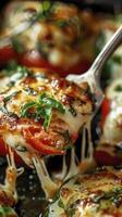 A fork is holding up one slice of stuffed bell pepper with mozzarella and tomatoes with blur background photo