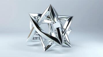 A silver three dimensional geometric figure with symmetrical structure and abstract shape on white background photo