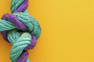 a rope with an intricate knot on a yellow background, with a purple and green color scheme photo