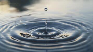 single drop of water falling into the calm surface, creating ripples that spread out in an elegant pattern photo