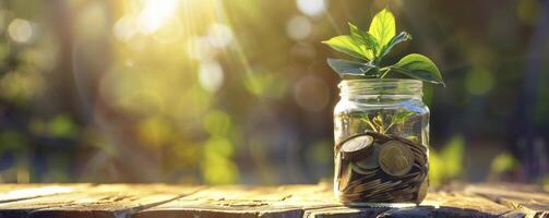 A glass jar filled with coins and a growing plant on a wooden table against a blurred background of sunlight photo