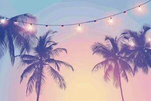 Palm trees on the beach with string lights, blue and pink gradient background photo