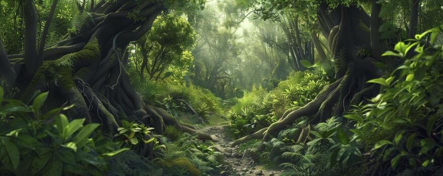 A forest with a path through it. The path is surrounded by trees and bushes. The forest is lush and green, with sunlight filtering through the leaves photo