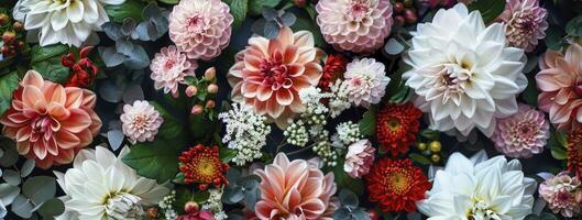 A floral pattern of various flowers including peonies, chrysanthemums and dahlia on a dark background photo