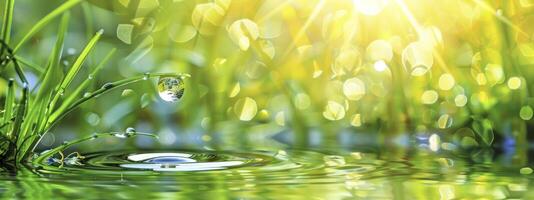 A dewdrop on the edge of grass, reflecting sunlight and creating ripples in the water below. The background is greenery photo