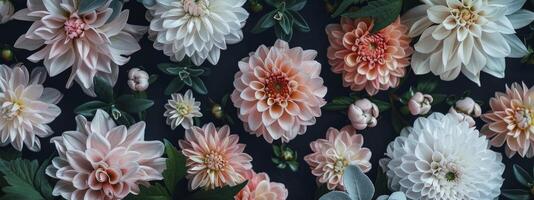 A floral pattern of various flowers including peonies, chrysanthemums and dahlia on a dark background photo