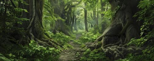 A forest with a path through it. The path is surrounded by trees and bushes. The forest is lush and green, with sunlight filtering through the leaves photo