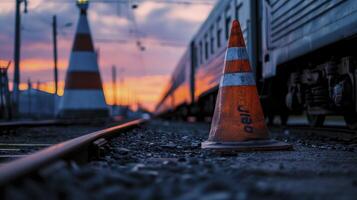a train is outside of an orange cone, in the style of high quality photo, light azure and silver photo