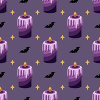 Seamless pattern with candles, bats and stars on a dark background vector