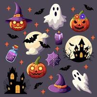 A set of elements on the theme of Halloween on a dark background. Clipart vector
